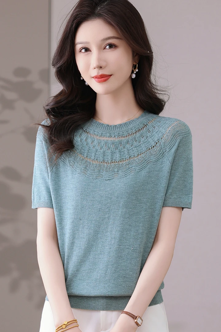 【天丝】夏季新款女士圆领短袖T恤洋气宽松显瘦纯色针织衫时尚薄款