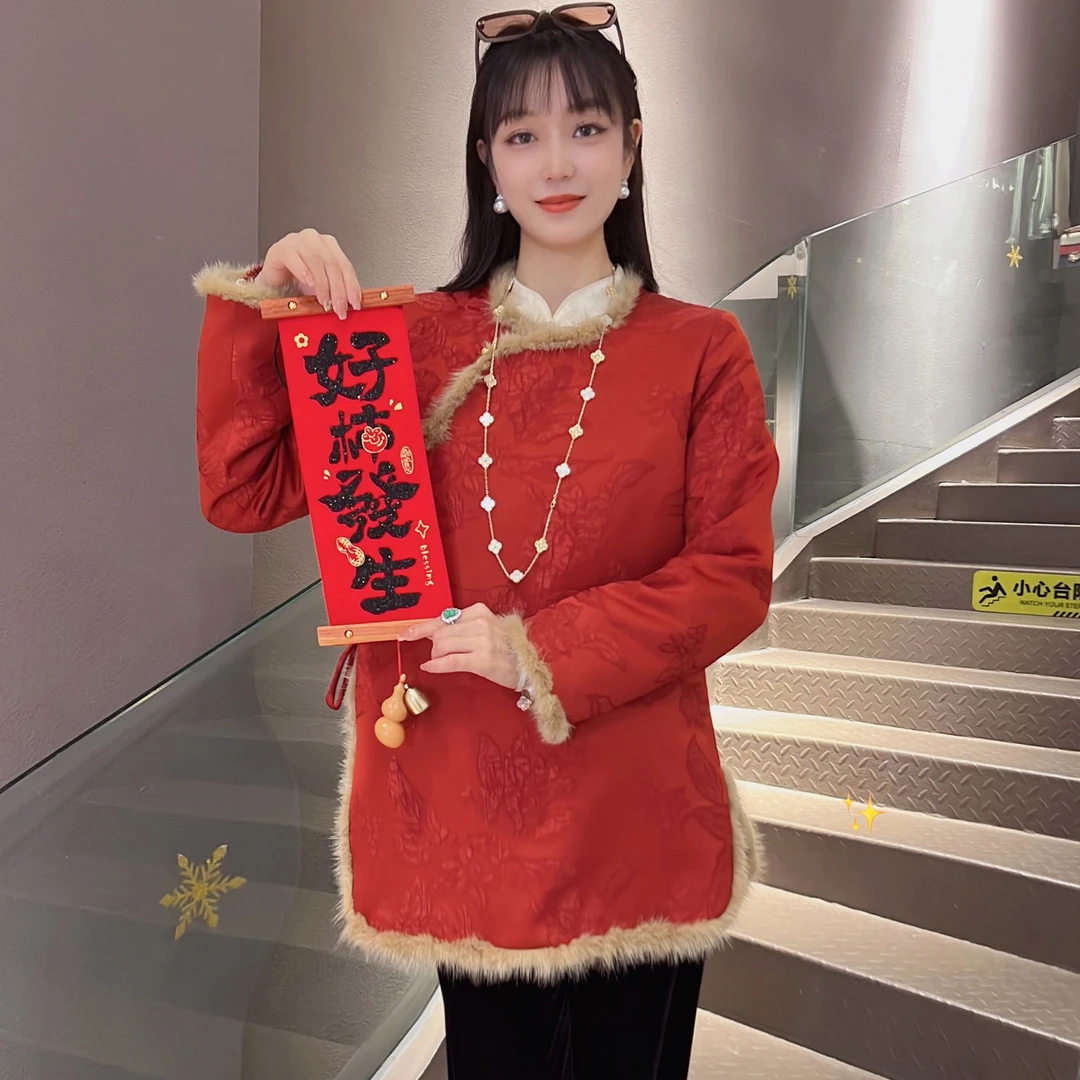 《秀秀定制》《红颜》新中式拜年服加厚夹棉红色气质显瘦国风裙3336