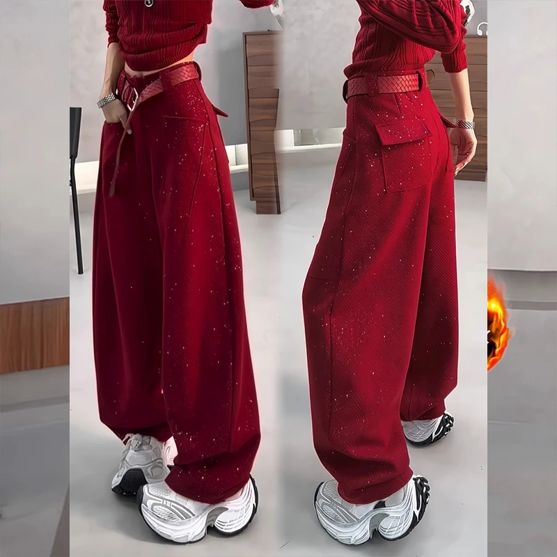 小众时尚百搭满天星弯刀裤2025冬季新款重工洋气设计感加厚阔腿裤