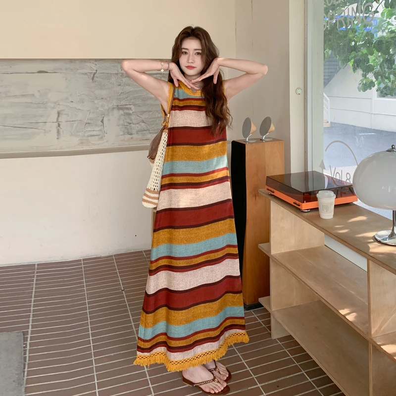 港风复古彩色条纹流苏无袖背心连衣裙女2025夏季新款宽松休闲长裙