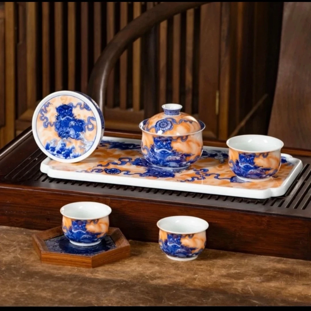 景德镇手工制作釉下彩国潮风醒狮陶瓷茶具套装6件套（不带礼盒）