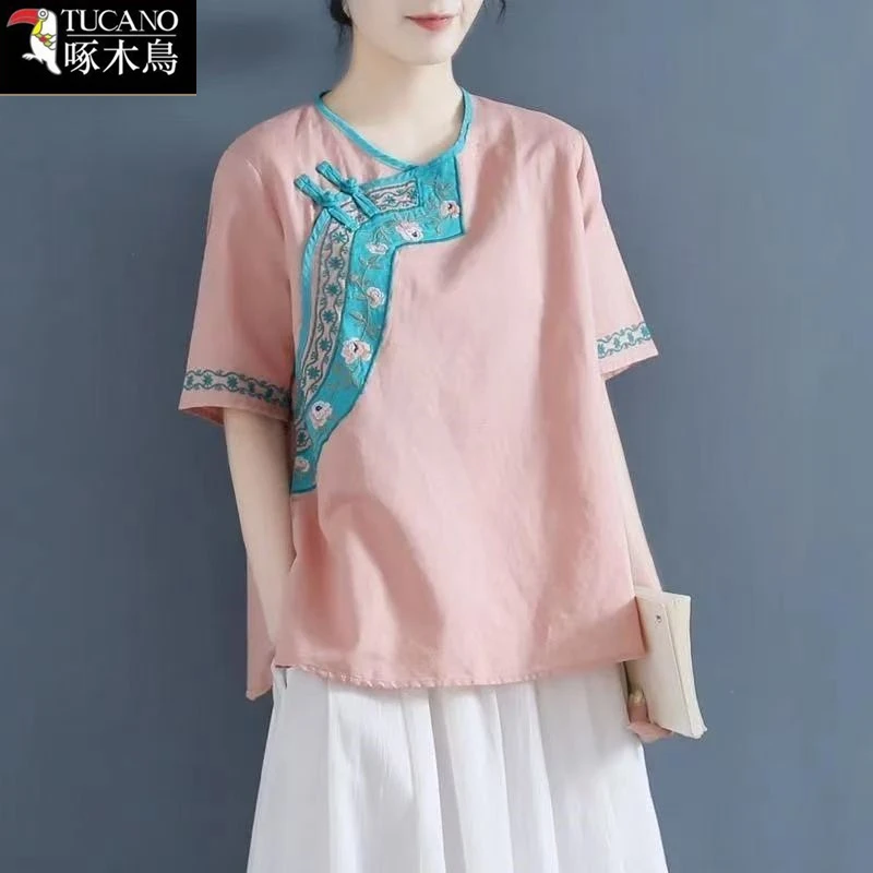 啄木鸟夏季复古刺绣衬衫女圆领短袖上衣2025年新款盘扣茶服t恤潮