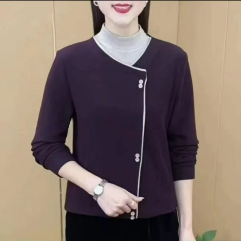 德绒长袖t恤女秋冬新款假两件半高领上衣时尚减龄保暖打底衫