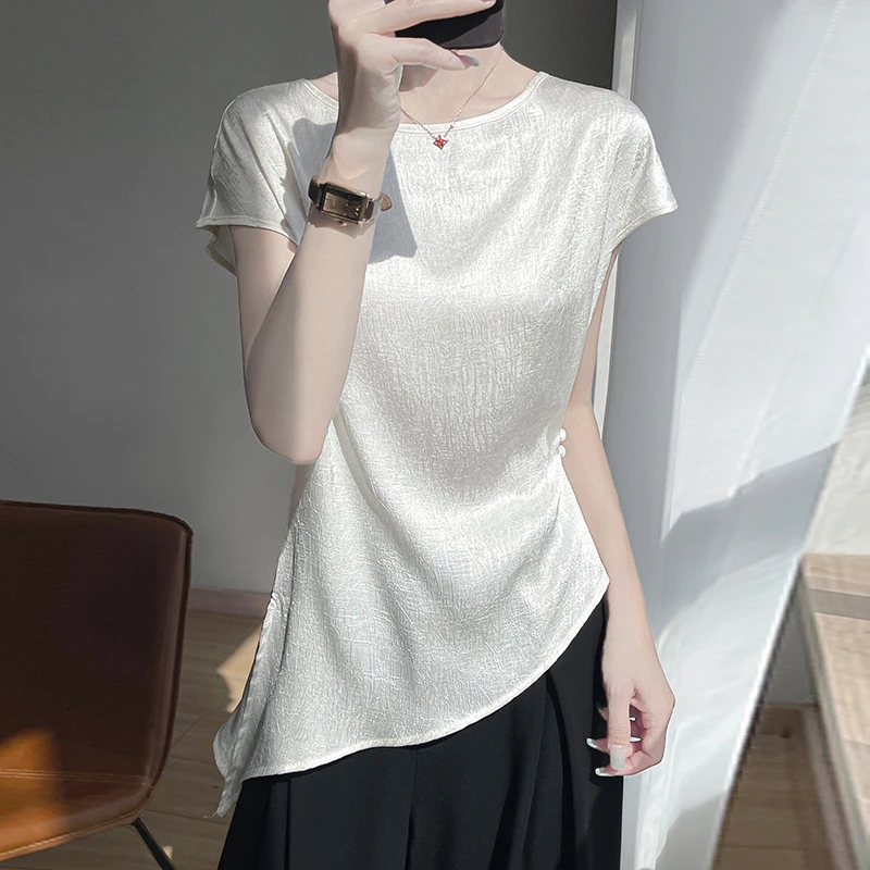 不规则肌理感缎面圆领短袖T恤女夏收腰侧褶皱顺滑垂感小飞袖rwM37