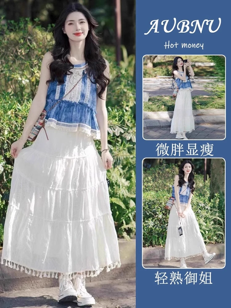 2025夏装搭配一整套小个子多巴胺蓝色无袖背心棉麻半身裙两件套装