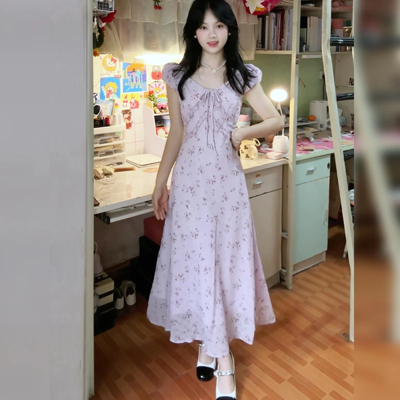 法式一字肩紫色碎花连衣裙子女夏季2026新款独特漂亮掐腰绝美长裙