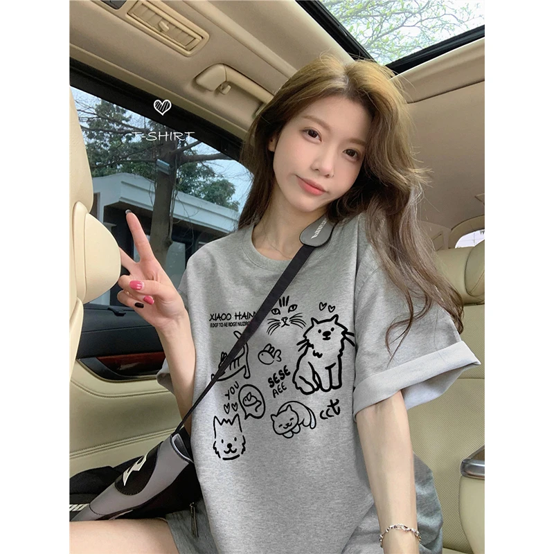 韩版纯棉花灰色短袖圆领t恤女装大码宽松夏季新款半袖百搭上衣潮