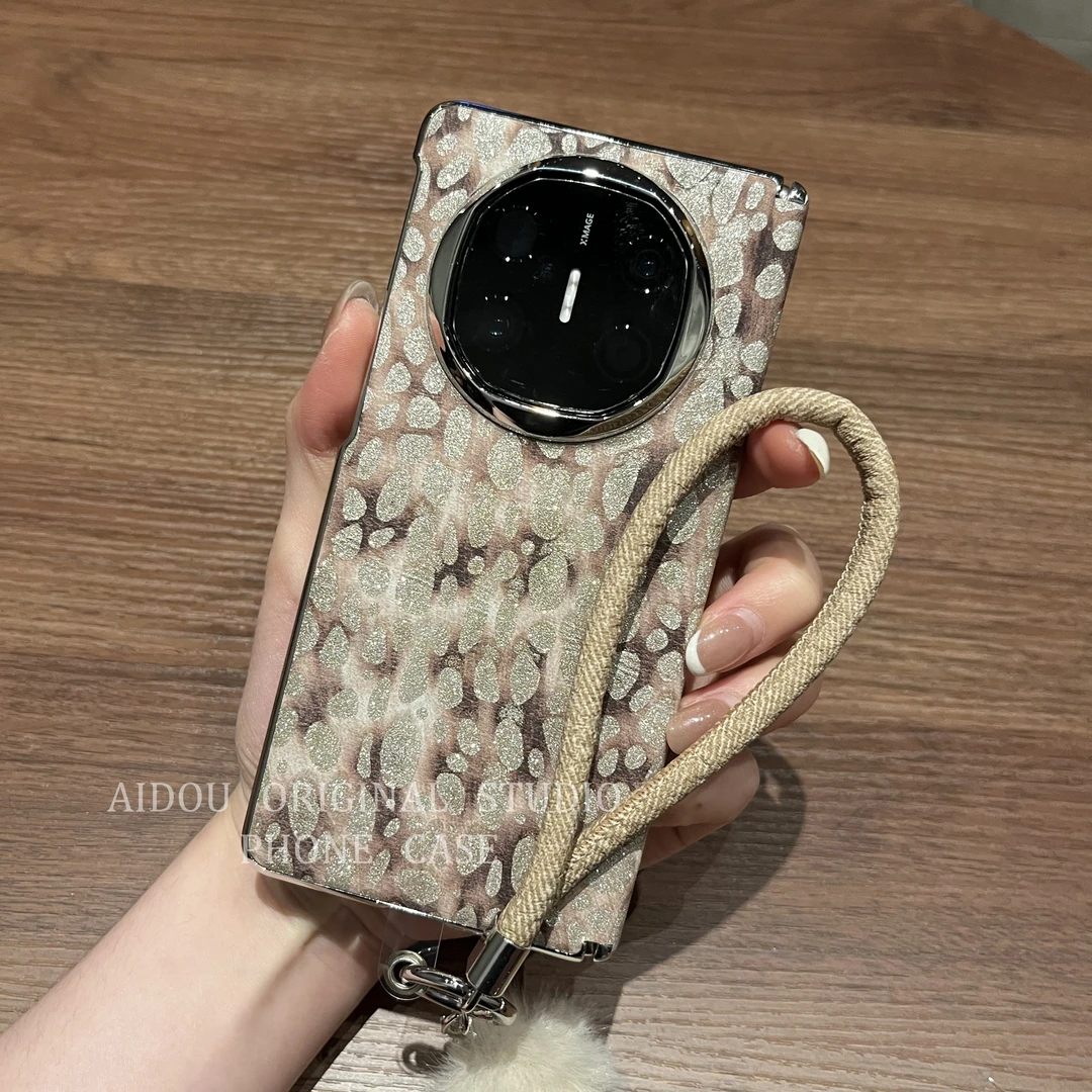 适用华为matex6典藏版手机壳折叠屏MateX5闪粉棕色豹纹轻奢保护套