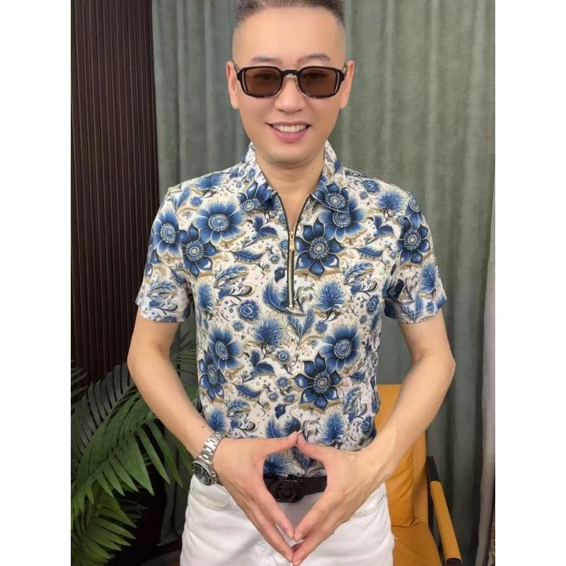 T恤印花精神小伙百搭短袖帅气修身立领夏季男士潮流短袖t恤