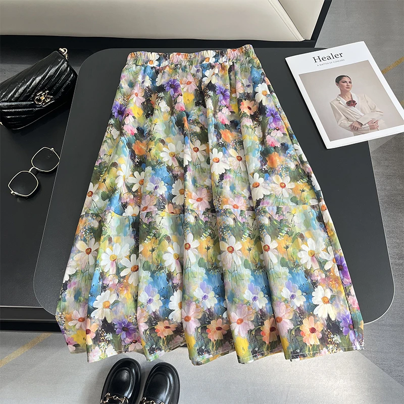 高级油画彩绘碎花A字裙子夏季新款高腰中长款气质显瘦棉质半身裙