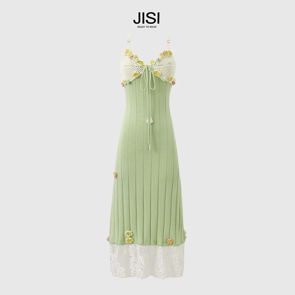JISI 【绿风铃】手工钩花吊带连衣裙-L24039