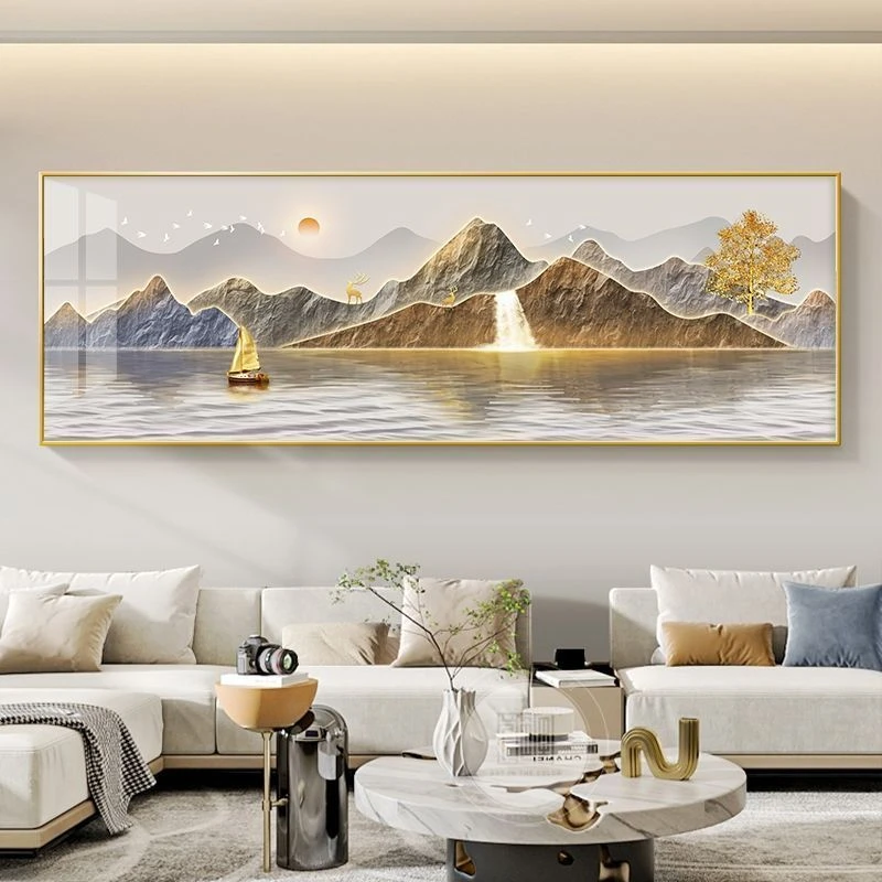 旭日东升客厅装饰画沙发背景墙挂画中国风壁画一整副山水画