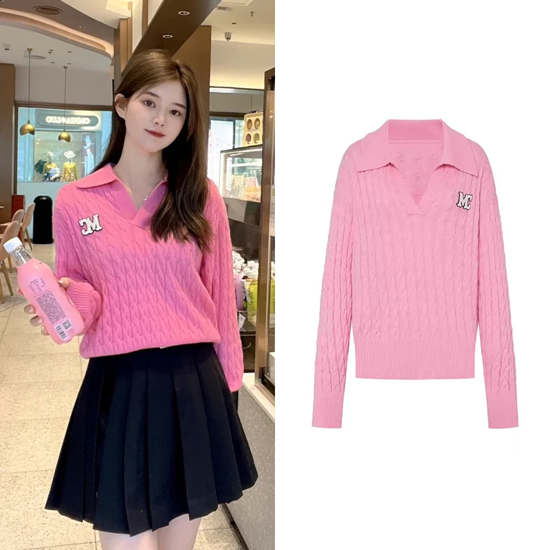 Z1279【M】2024冬季新款POLO领针织衫毛衣毛开衫宽松显瘦上衣女