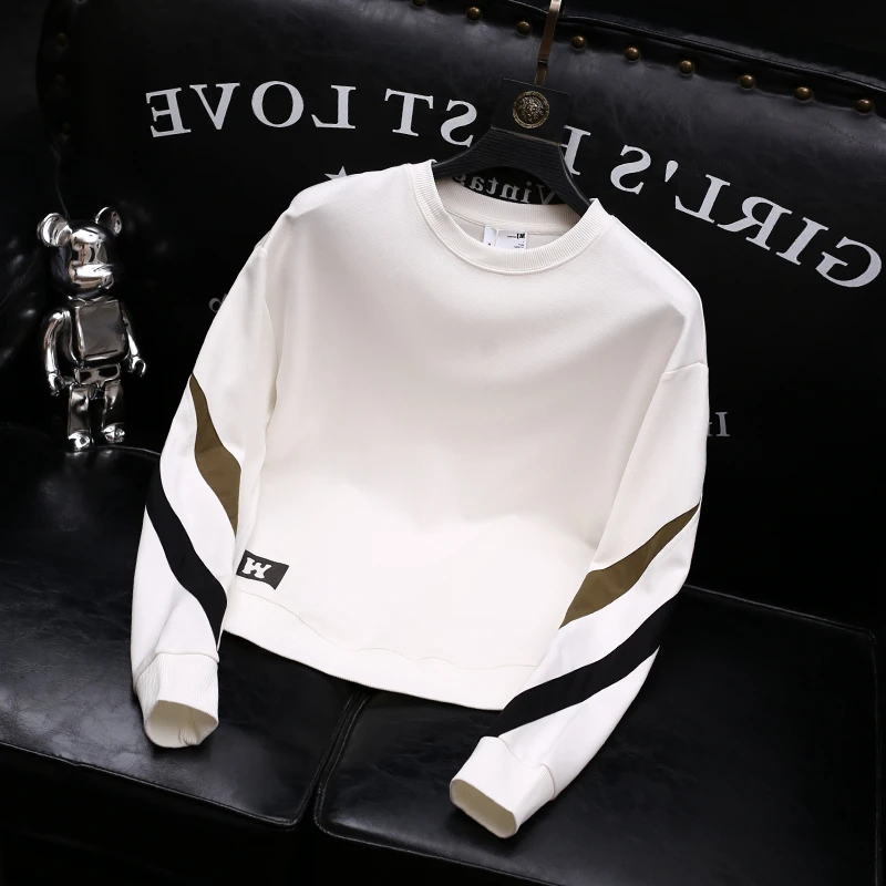 希敦纽勒欧货圆领套头卫衣男士秋冬条纹撞色字母重磅长袖上衣潮