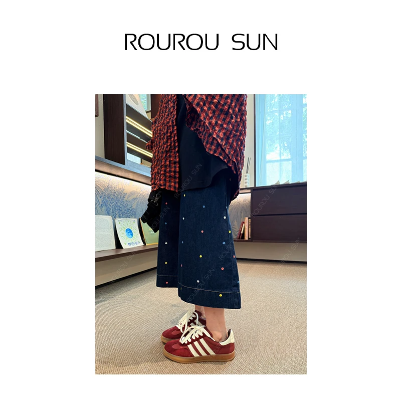 5973花朵刺绣牛仔裤女时尚高腰宽松七分阔腿裤潮