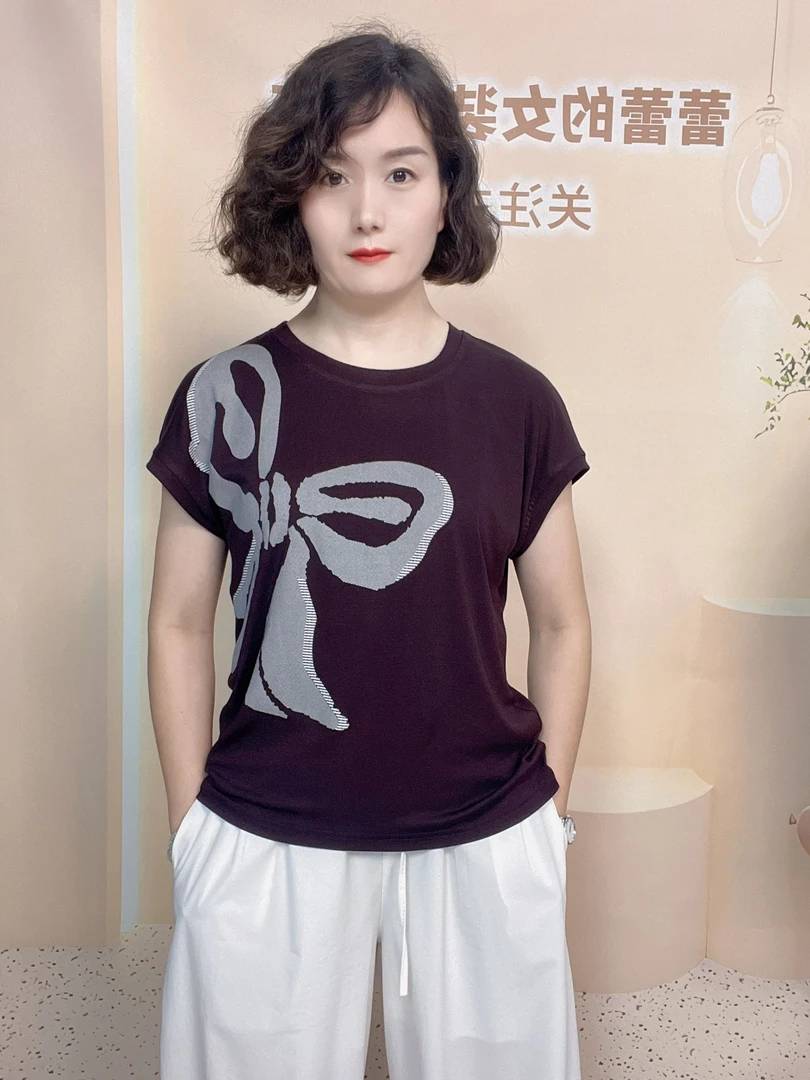 夏季新款时尚圆领蝴蝶结百搭简约女短袖75款