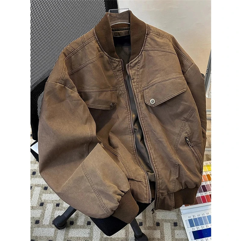 cleanfit棕色工装外套男春秋款美式复古棒球服潮牌做旧哈灵顿夹克