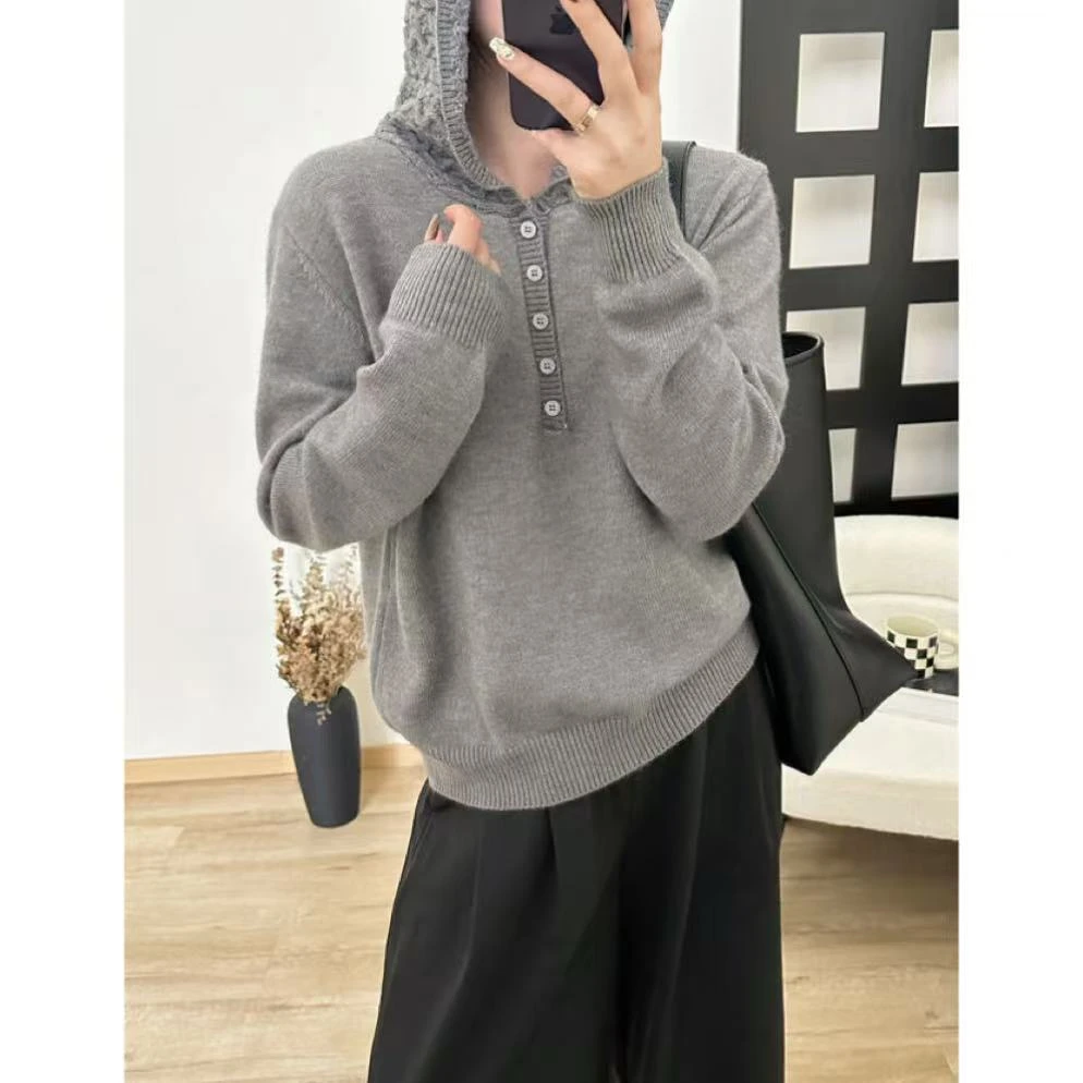 丽丽家~灰帽衫长袖时尚百搭春秋纯色针织连帽衫