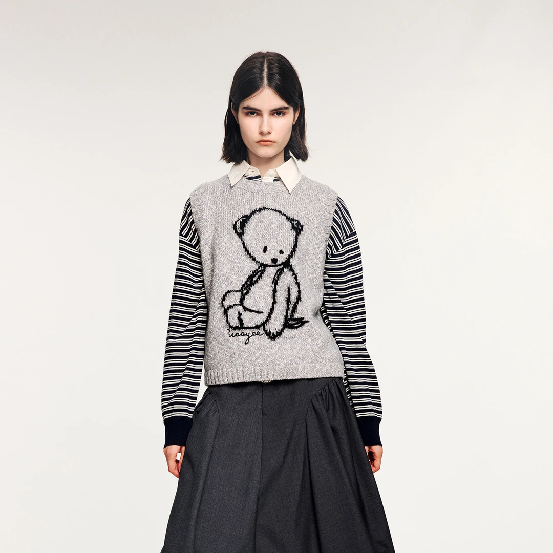 UOOYAA/乌丫2025冬季新款「伤心小熊」撞色嵌花毛衫背心 4205