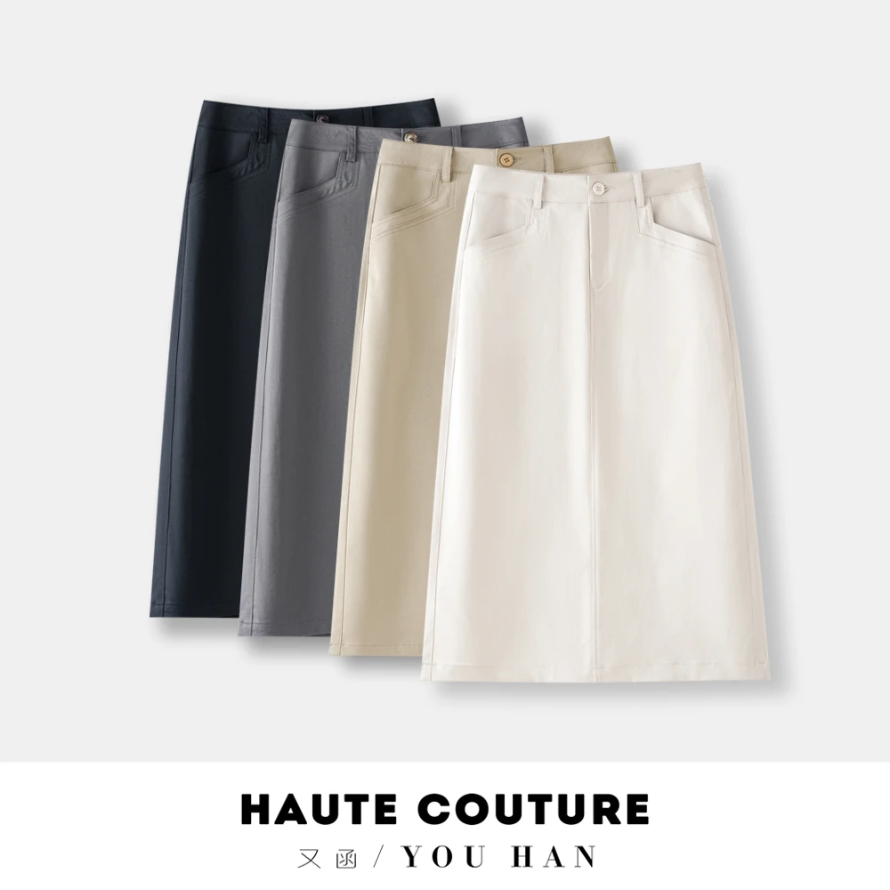 天丝棉质感半身裙口袋中长款后开叉明线百搭时尚显瘦薄款高腰透气