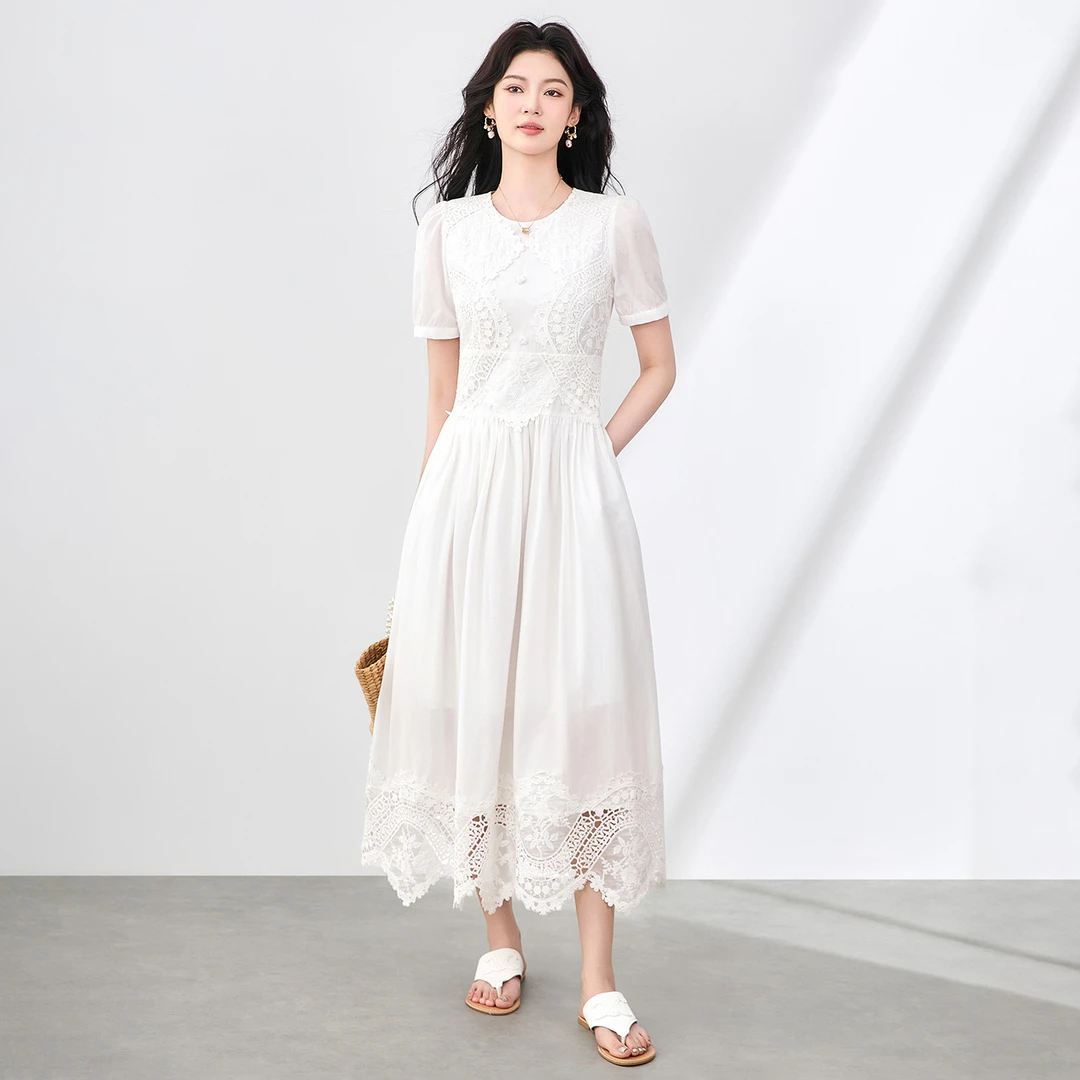 -希腊神话度假风定位镂空绣花重磅连衣裙夏季棉质白色长裙女装