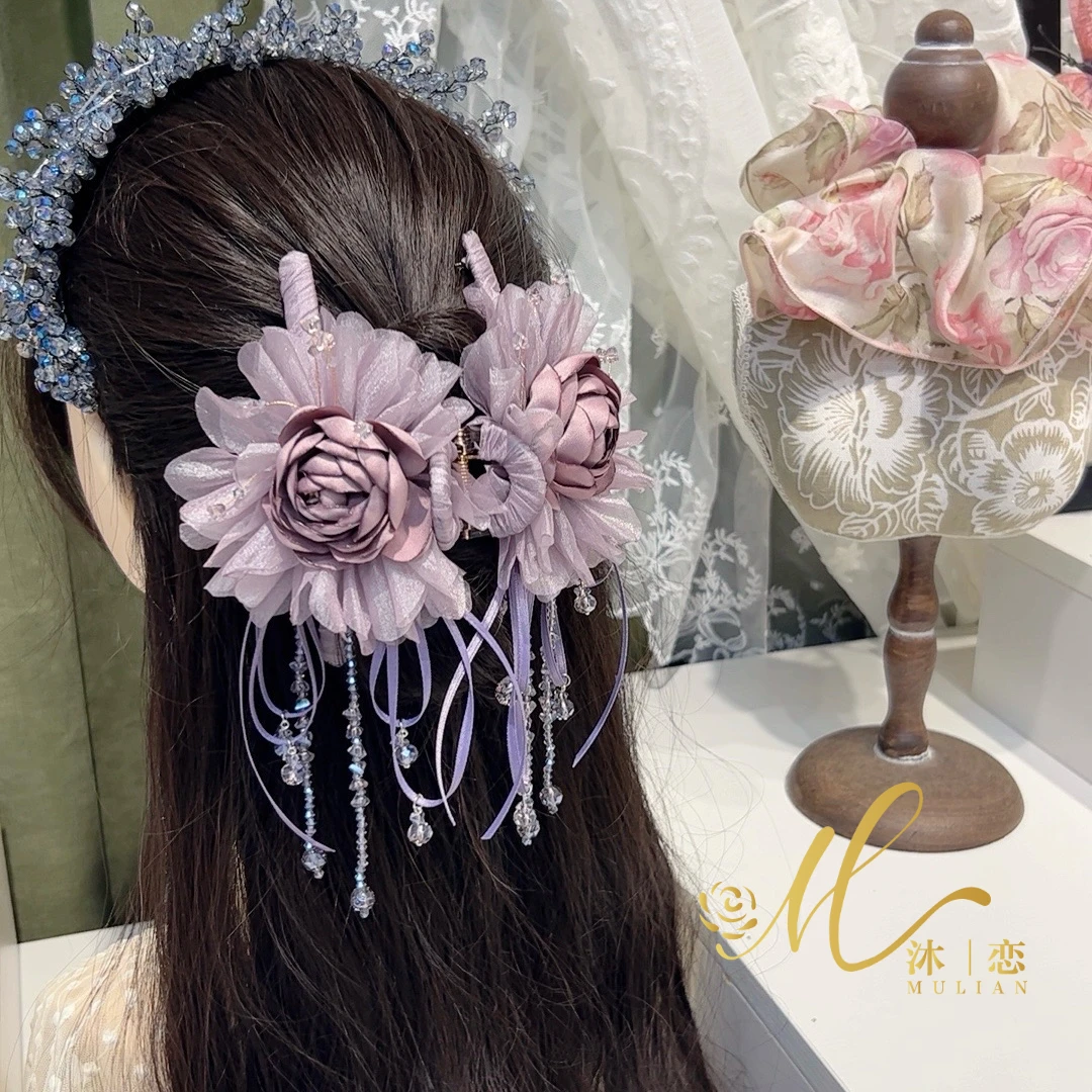 E138【干枯玫瑰13CM抓夹】韩版发饰手工气质复古紫色发夹