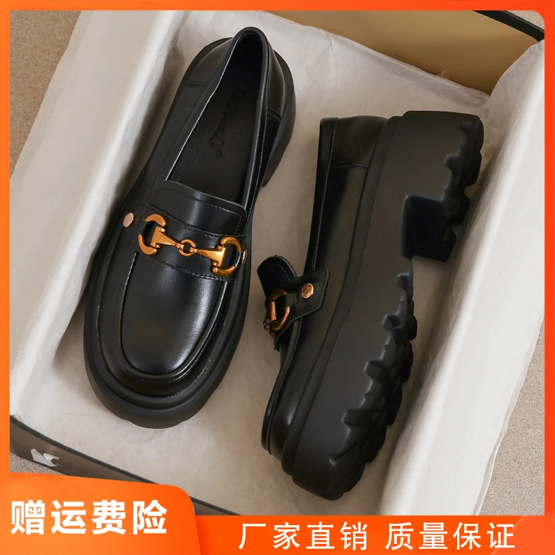 真皮小皮鞋女2025新款春秋英伦风黑色增高乐福配裙子34码厚底鞋子
