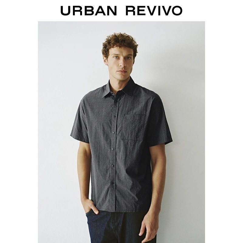 UR2025春季新款男装复古休闲百搭格纹短袖开襟衬衫UMU250016