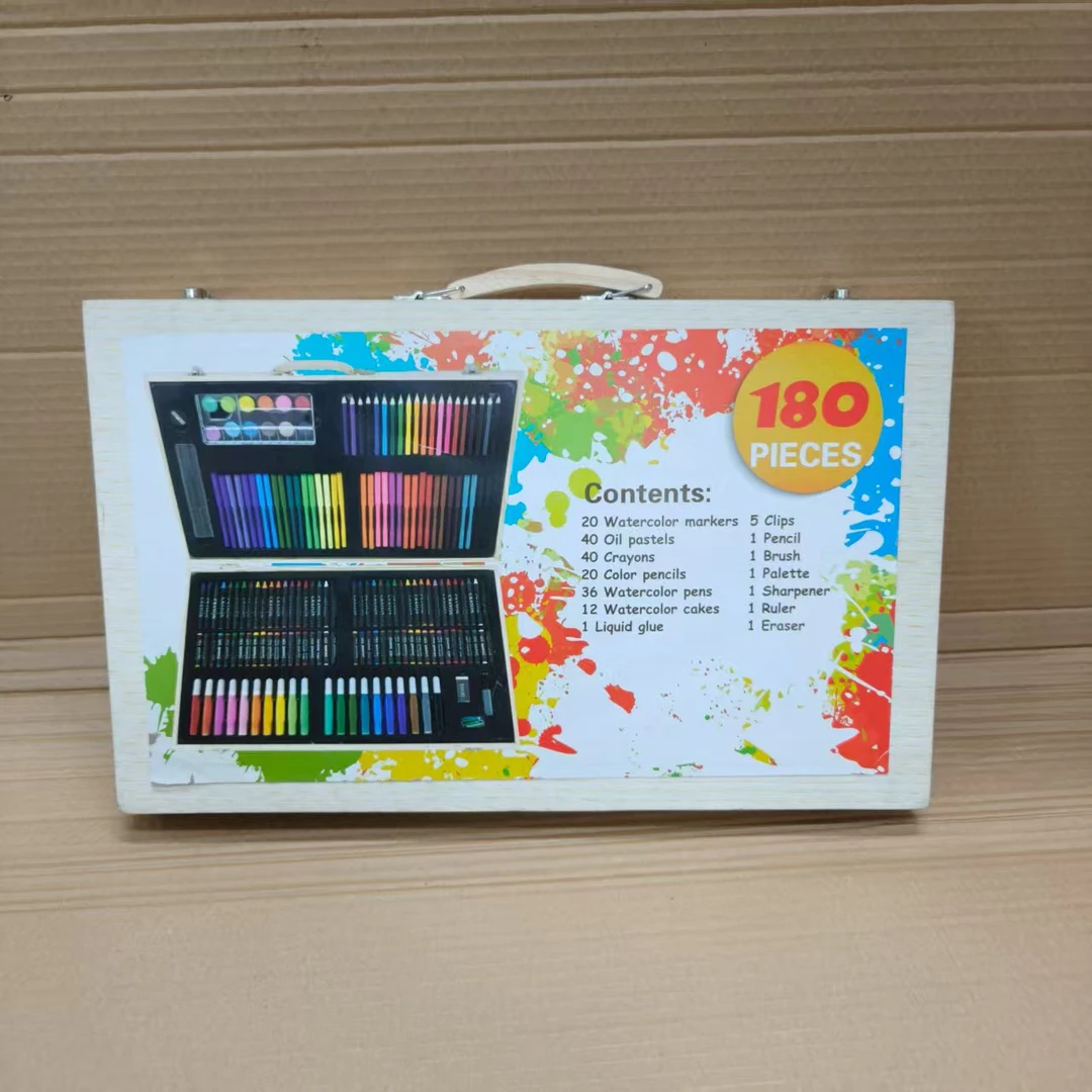 180件木盒画笔套装培训礼品毕业礼物水彩笔蜡笔