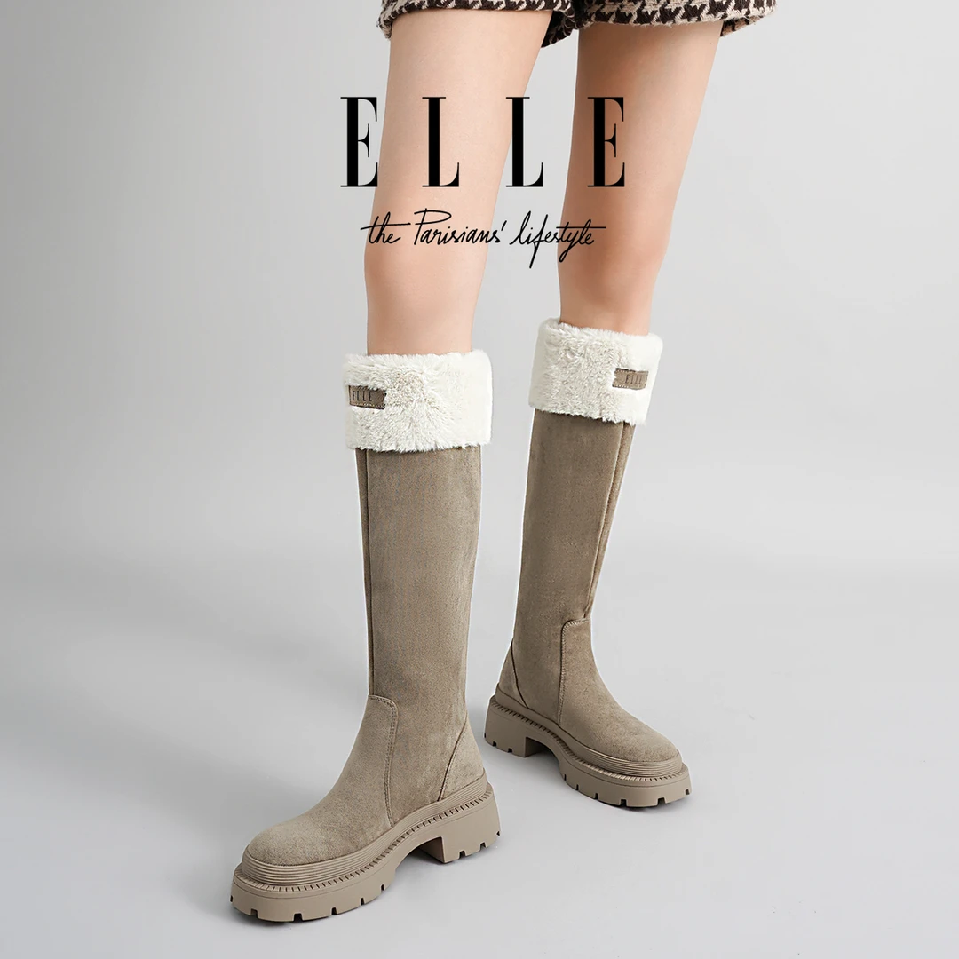 ELLE品牌长筒雪地靴女款2025新款冬季加绒加厚棉靴毛毛高筒骑士靴