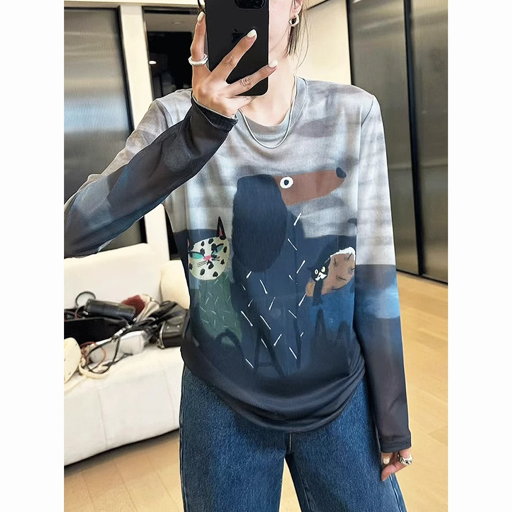 涂鸦印花网纱薄款长袖t恤女2025新款夏季宽松薄纱防晒罩衫上衣女