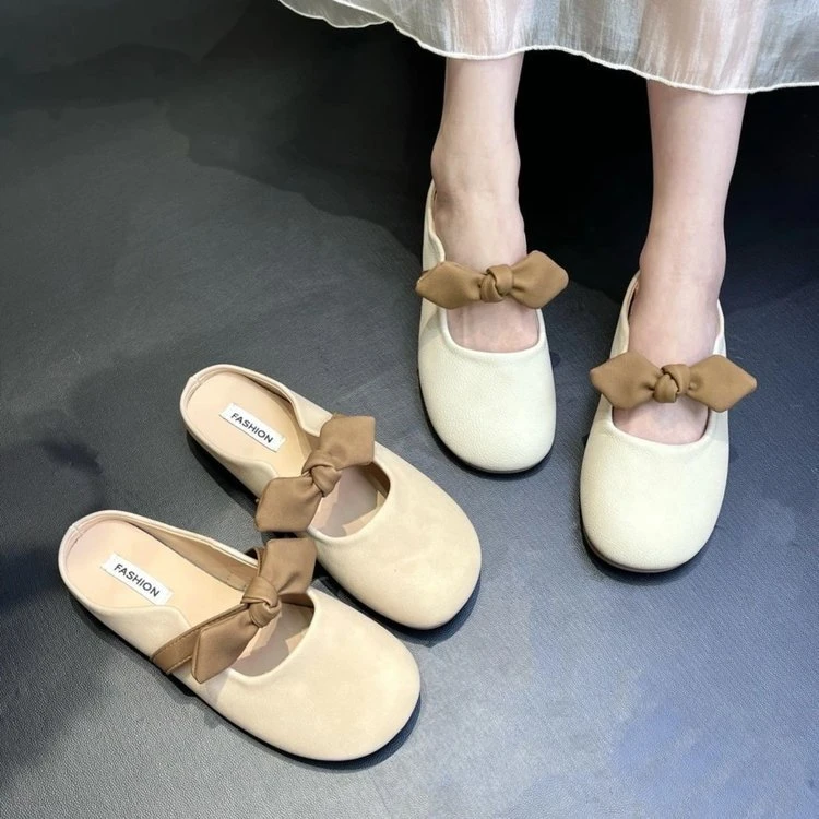 法式包头半拖鞋女外穿2025新款春季平底珍珠一脚蹬玛丽珍凉拖鞋