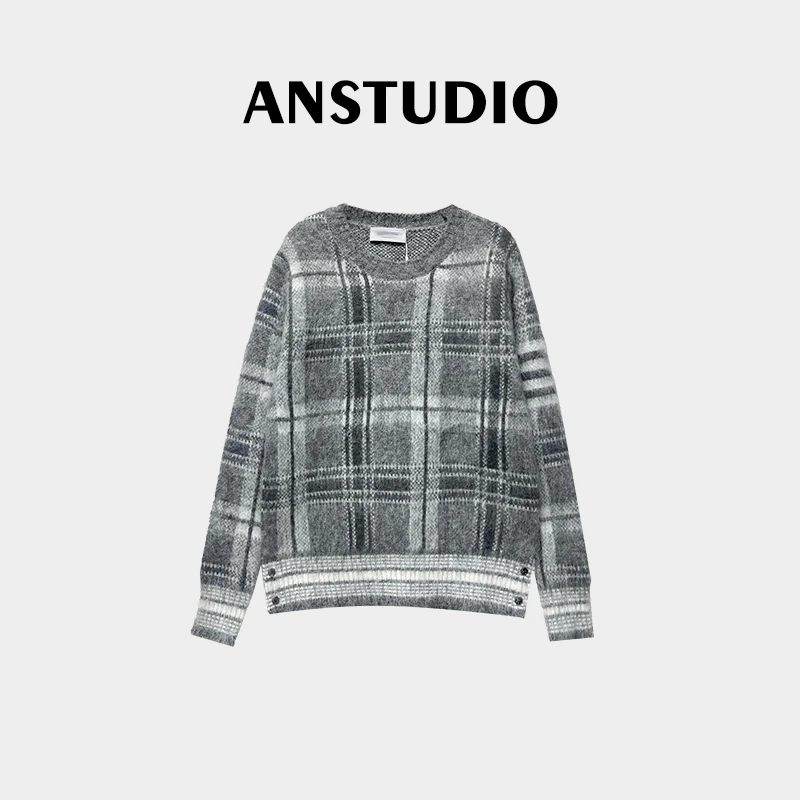 ANNI · Ani-A489 经典灰白格纹套头毛衣四条杠针织衫