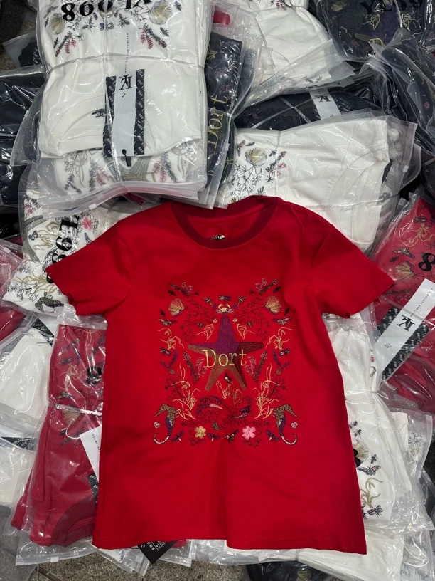 2025爆款圆领春秋冬时尚短裤t恤重工满绣半袖