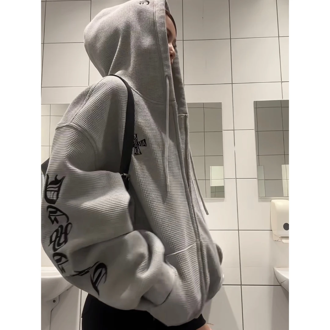 华夫格连帽开衫长袖卫衣女春秋宽松美式高街复古哥特潮牌情侣外套