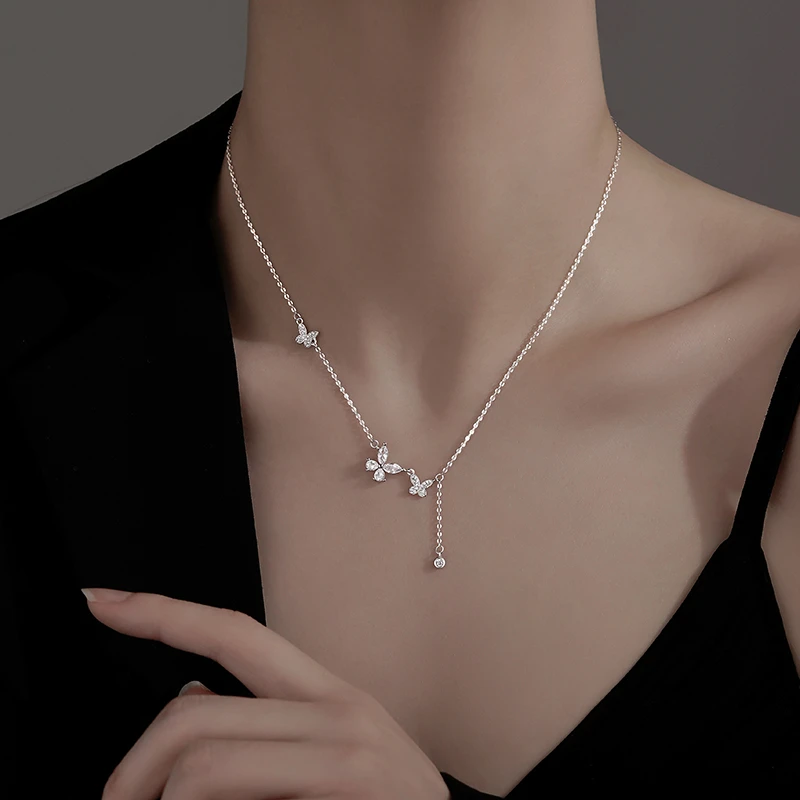 链子925银合成锆石 纯银蝴蝶流苏项链锁骨链小众设计感女颈链气质