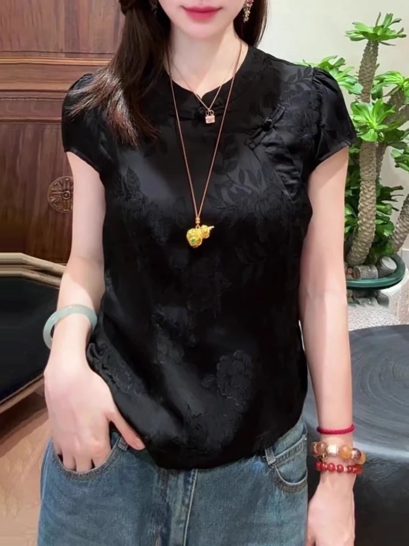 黑色印花圆领短袖T恤2025夏季新款女装斜襟门盘扣设计新中式上衣