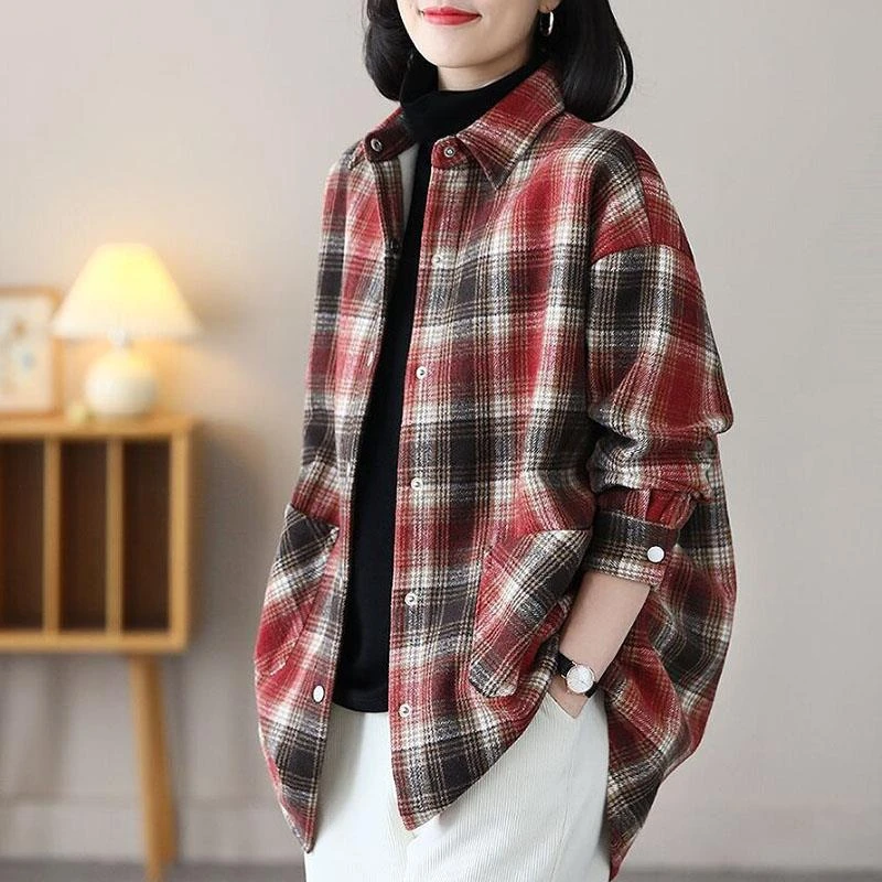 大码红色格子衬衫妈妈衬衣爆款外套女2024春秋冬新款广东普宁秋装