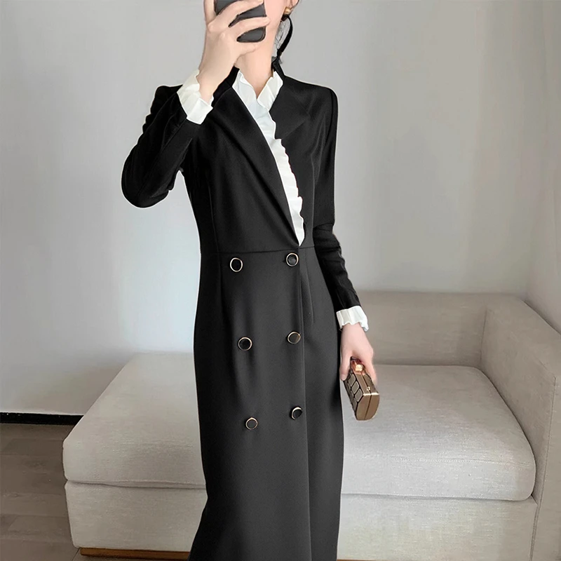 2025春季新款气质收腰显瘦高级感通勤V领长袖黑色西装连衣裙D0205