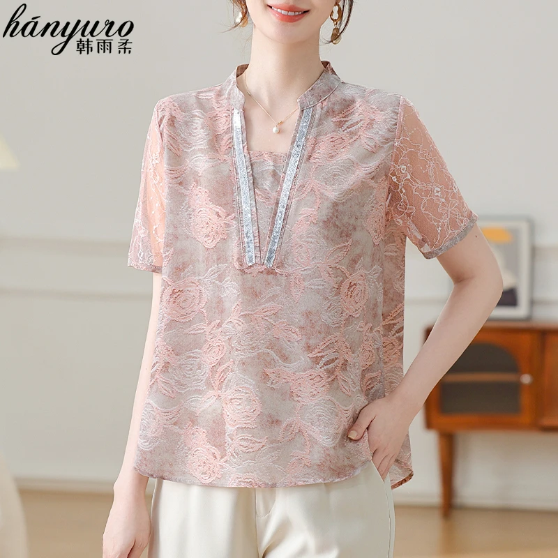 中年妈妈五十多岁洋气套装短袖女2025新款贵夫人端庄大气小衫上衣