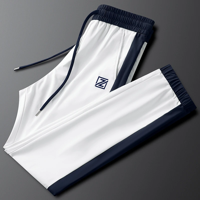 2025新款夏季男士拉链休闲运动裤薄款速干修身侧条纹撞色束脚裤子