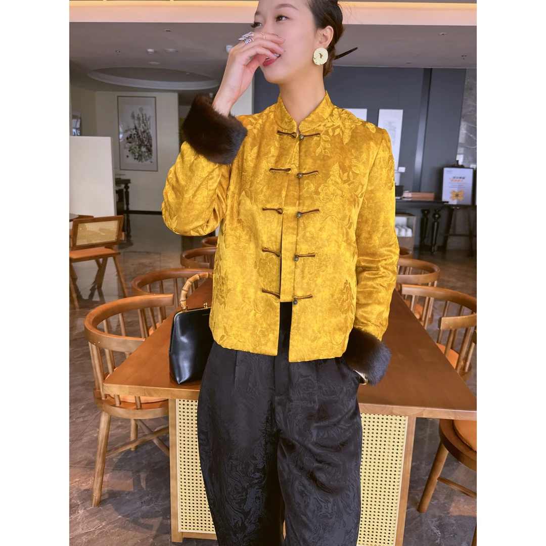 【老罗家】原创真丝棉衣女桑蚕丝提花新中式立领长袖宽松气质棉服