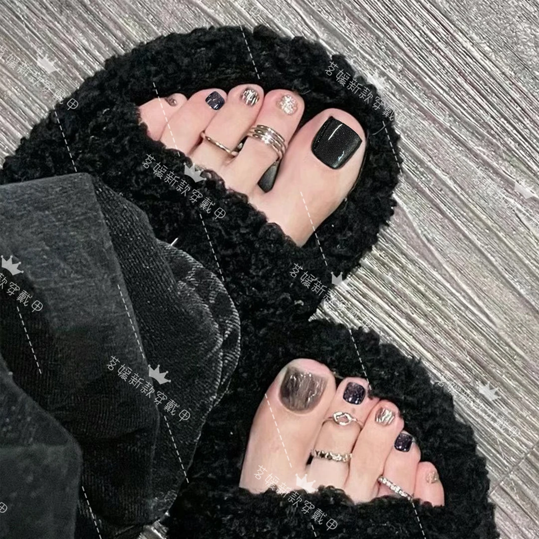 2025新款黑色猫眼时尚脚趾甲立体魔镜粉镜面光疗可拆卸脚指甲美甲