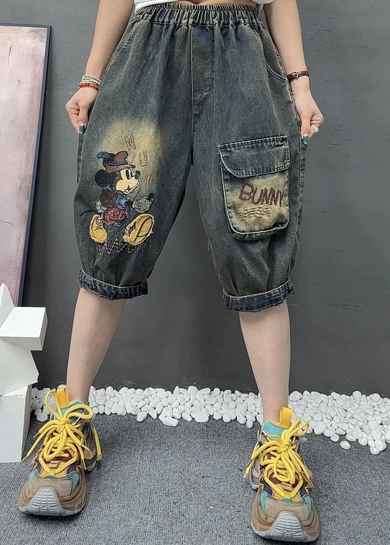 夏季新款女装大码宽松刺绣米老鼠口袋水洗软牛仔裤休闲哈伦裤女