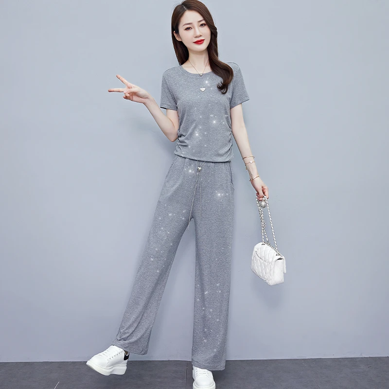 中年妈妈时尚气质短袖两件套女夏季洋气圆领T恤休闲运动服套装薄