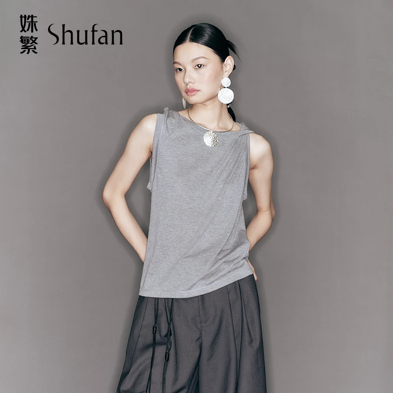 姝繁 纯色交叉翻折设计背心吊带 SDWFA1N654-1