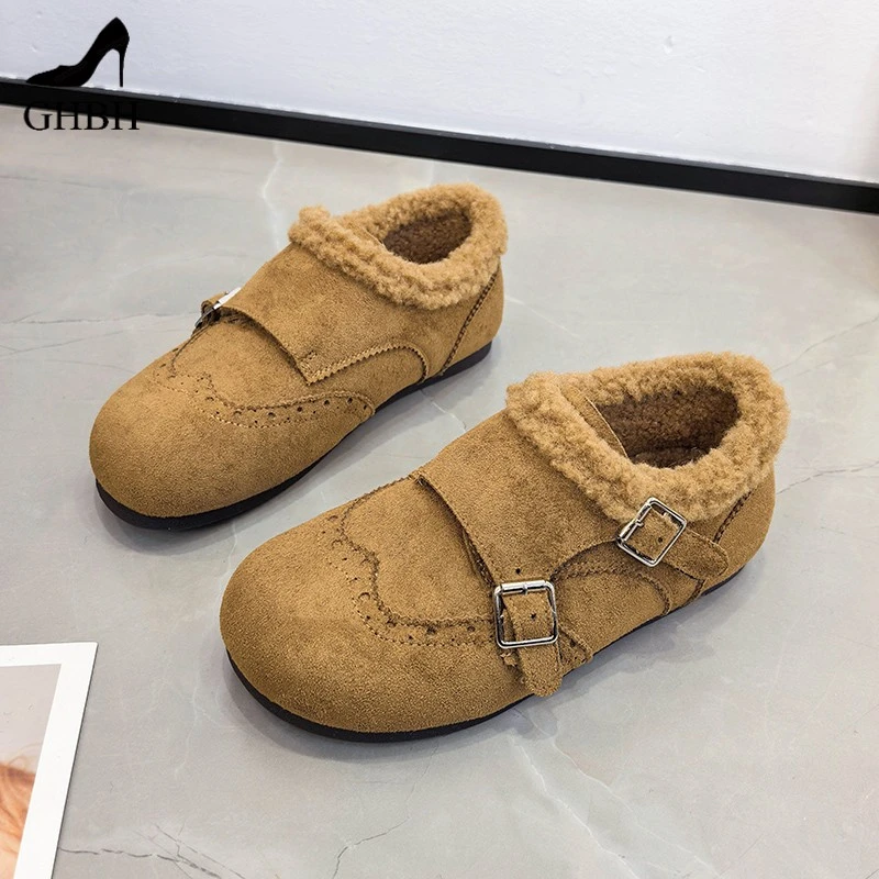 欧洲站厚底加绒小皮鞋女款棉鞋冬季新款复古布洛克鞋保暖棉鞋