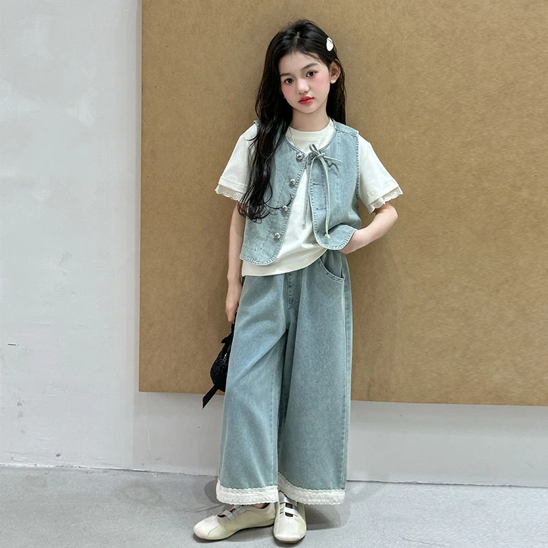 女童夏款牛仔套装2025新款女孩中大童蕾丝短袖牛仔儿童衣服三件套