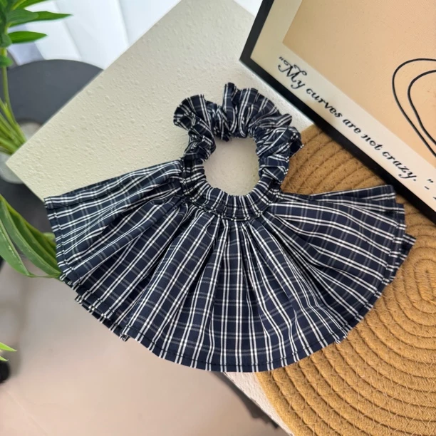 BlomUME深蓝细格纹双层裙摆大肠发圈韩系甜美休闲发圈马尾发饰524