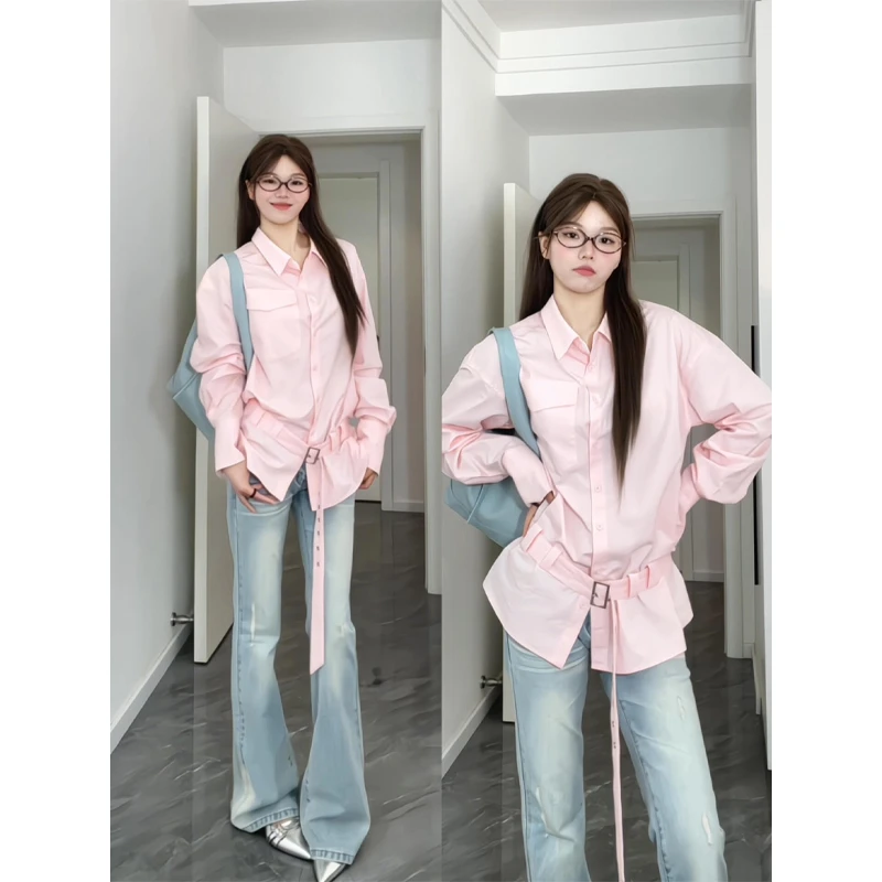 粉色长袖防晒衬衫超好看单穿上衣微喇弹力牛仔裤提臀喇叭裤2025年
